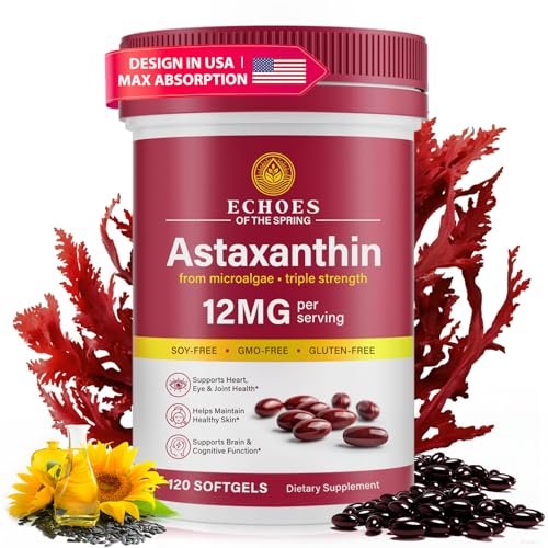 Astaxanthin 12 mg – Natürliches Astaxanthin aus Haematococcus Pluvialis, dreifach starkes Antioxidans für Augen, Haut, Gelenke und Immunsystem (120 Kapseln)