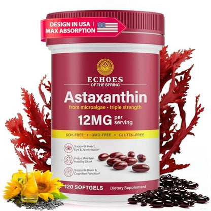 Astaxanthin 12 mg – Natürliches Astaxanthin aus Haematococcus Pluvialis, dreifach starkes Antioxidans für Augen, Haut, Gelenke und Immunsystem (120 Kapseln)