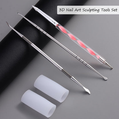 Furtherpretty 3D Nagelkunst-Set: 3 Doppelspitzen-Schnitzstifte + 2 Silikon-Fingerhülsen für Acryl-Gel-Blumendesign, DIY-Maniküre, professionelles Salon-Zubehör für Nageltechniker