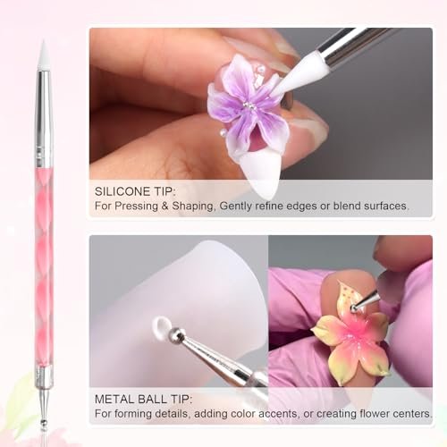 Furtherpretty 3D Nagelkunst-Set: 3 Doppelspitzen-Schnitzstifte + 2 Silikon-Fingerhülsen für Acryl-Gel-Blumendesign, DIY-Maniküre, professionelles Salon-Zubehör für Nageltechniker
