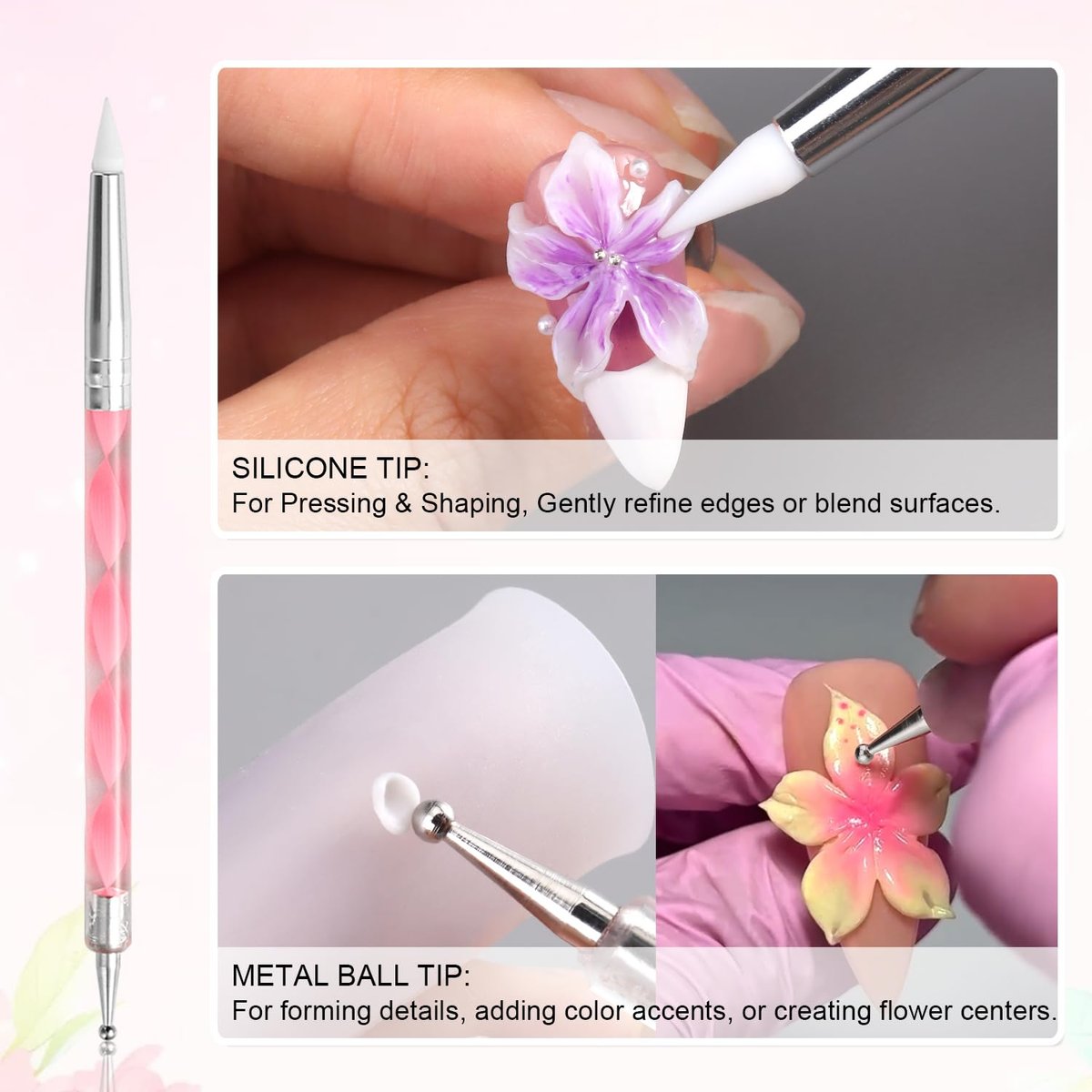 Furtherpretty 3D Nagelkunst-Set: 3 Doppelspitzen-Schnitzstifte + 2 Silikon-Fingerhülsen für Acryl-Gel-Blumendesign, DIY-Maniküre, professionelles Salon-Zubehör für Nageltechniker