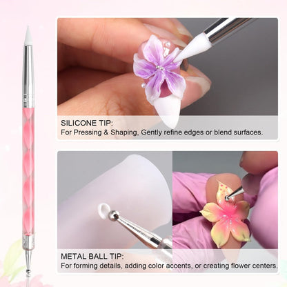 Furtherpretty 3D Nagelkunst-Set: 3 Doppelspitzen-Schnitzstifte + 2 Silikon-Fingerhülsen für Acryl-Gel-Blumendesign, DIY-Maniküre, professionelles Salon-Zubehör für Nageltechniker