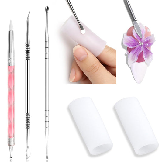 Furtherpretty 3D Nagelkunst-Set: 3 Doppelspitzen-Schnitzstifte + 2 Silikon-Fingerhülsen für Acryl-Gel-Blumendesign, DIY-Maniküre, professionelles Salon-Zubehör für Nageltechniker