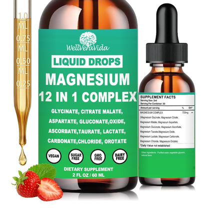 Magnesium Komplex 700mg, 12-in-1 Magnesiumpräparat mit Glycinat, Citrat, Malat, Oxid, Taurat, Aspartat, Orotat – Flüssigmagnesium für Entspannung, Muskeln & Schlaf – Vegan