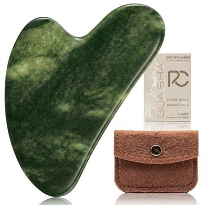 Rena Chris Gua Sha Gesichtsroller aus natürlichem Jade – Gesichtsstein für Massage, Kieferkonturierung, Schwellungsreduktion und Hautpflege-Routine mit Reiseetui