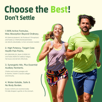 Vitamin B Komplex Tropfen mit aktivem B12 Methylcobalamin 5000mcg, B6, B1, B2, B5, B7, B3, Folsäure und Vitamin C – sublinguale Flüssigkeit für schnelle Aufnahme, Energie, Fokus & Immunsystem, vegan, 60 Portionen