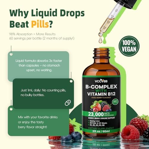 Vitamin B Komplex Tropfen mit aktivem B12 Methylcobalamin 5000mcg, B6, B1, B2, B5, B7, B3, Folsäure und Vitamin C – sublinguale Flüssigkeit für schnelle Aufnahme, Energie, Fokus & Immunsystem, vegan, 60 Portionen