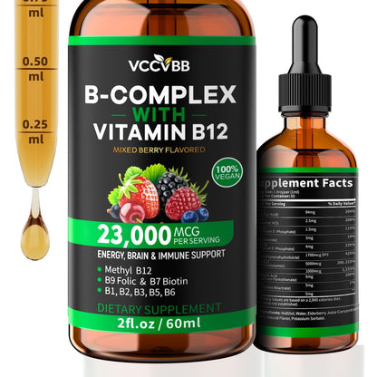 Vitamin B Komplex Tropfen mit aktivem B12 Methylcobalamin 5000mcg, B6, B1, B2, B5, B7, B3, Folsäure und Vitamin C – sublinguale Flüssigkeit für schnelle Aufnahme, Energie, Fokus & Immunsystem, vegan, 60 Portionen