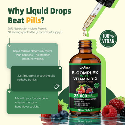 Vitamin B Komplex Tropfen mit aktivem B12 Methylcobalamin 5000mcg, B6, B1, B2, B5, B7, B3, Folsäure und Vitamin C – sublinguale Flüssigkeit für schnelle Aufnahme, Energie, Fokus & Immunsystem, vegan, 60 Portionen