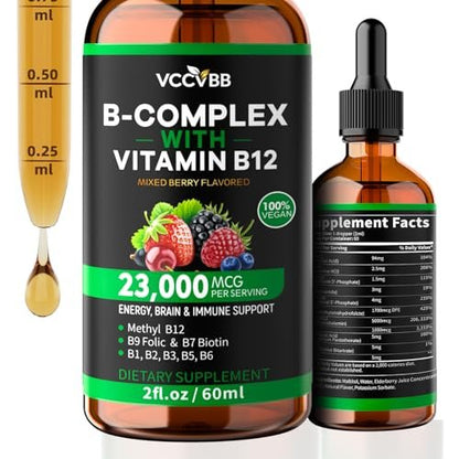 Vitamin B Komplex Tropfen mit aktivem B12 Methylcobalamin 5000mcg, B6, B1, B2, B5, B7, B3, Folsäure und Vitamin C – sublinguale Flüssigkeit für schnelle Aufnahme, Energie, Fokus & Immunsystem, vegan, 60 Portionen