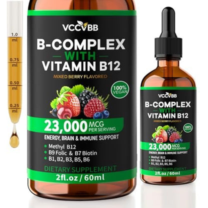 Vitamin B Komplex Tropfen mit aktivem B12 Methylcobalamin 5000mcg, B6, B1, B2, B5, B7, B3, Folsäure und Vitamin C – sublinguale Flüssigkeit für schnelle Aufnahme, Energie, Fokus & Immunsystem, vegan, 60 Portionen