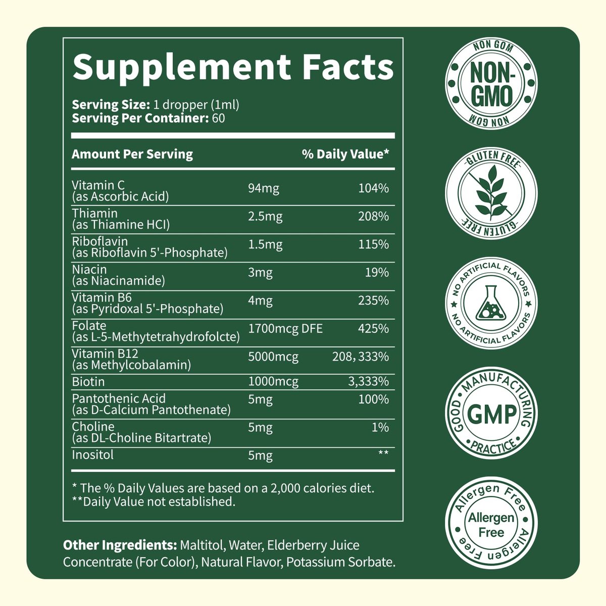 Vitamin B Komplex Tropfen mit aktivem B12 Methylcobalamin 5000mcg, B6, B1, B2, B5, B7, B3, Folsäure und Vitamin C – sublinguale Flüssigkeit für schnelle Aufnahme, Energie, Fokus & Immunsystem, vegan, 60 Portionen