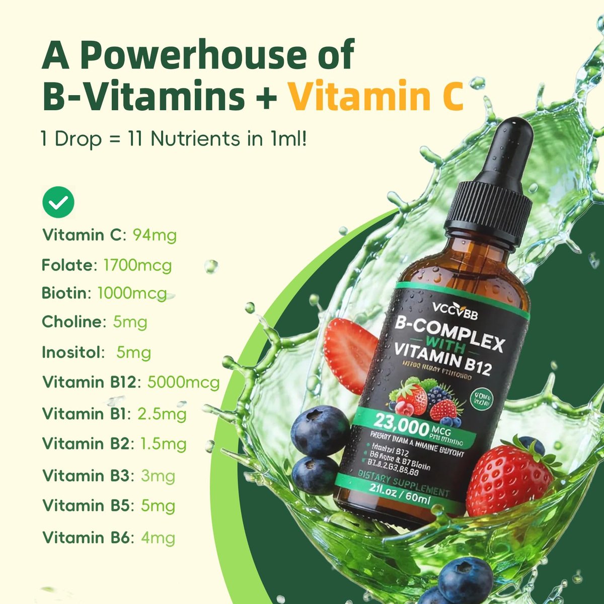 Vitamin B Komplex Tropfen mit aktivem B12 Methylcobalamin 5000mcg, B6, B1, B2, B5, B7, B3, Folsäure und Vitamin C – sublinguale Flüssigkeit für schnelle Aufnahme, Energie, Fokus & Immunsystem, vegan, 60 Portionen