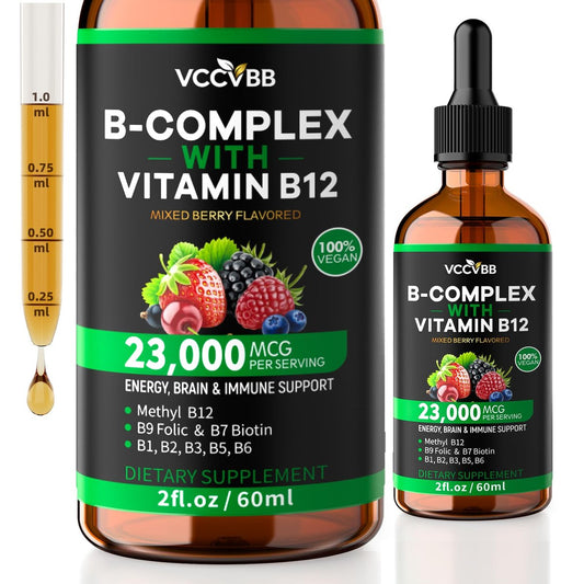 Vitamin B Komplex Tropfen mit aktivem B12 Methylcobalamin 5000mcg, B6, B1, B2, B5, B7, B3, Folsäure und Vitamin C – sublinguale Flüssigkeit für schnelle Aufnahme, Energie, Fokus & Immunsystem, vegan, 60 Portionen