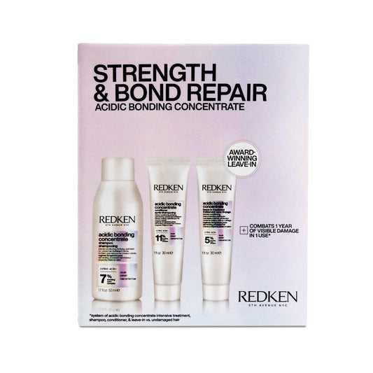 Redken Acidic Bonding Concentrate Mini Kit – Stärkendes Shampoo, Conditioner & Leave-In Behandlung für geschädigtes Haar, reduziert Haarbruch & Spliss, Reisegröße