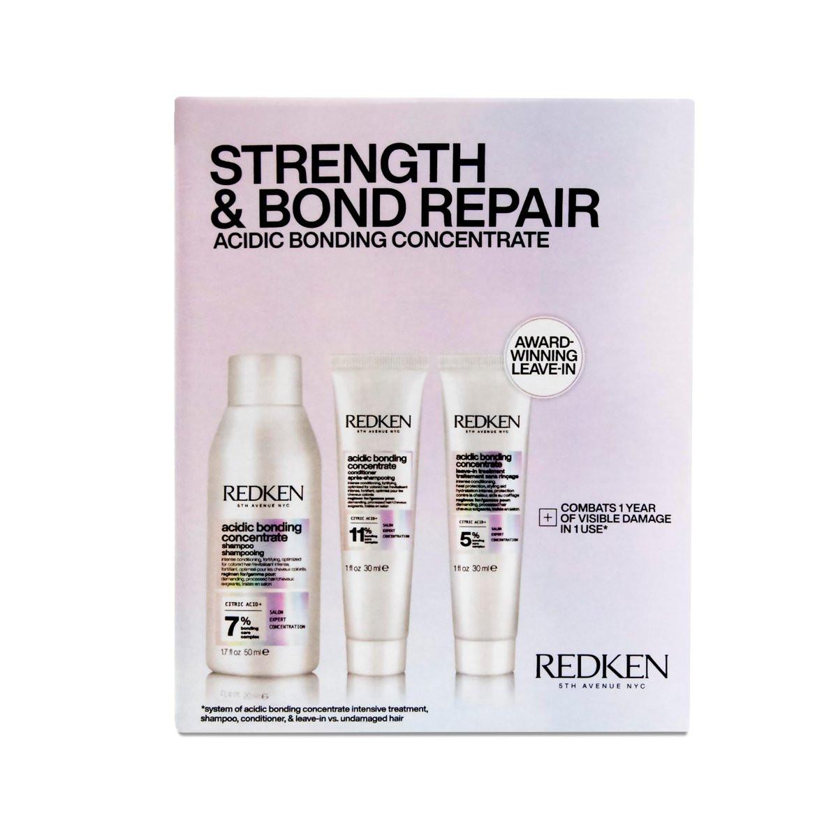 Redken Acidic Bonding Concentrate Mini Kit – Stärkendes Shampoo, Conditioner & Leave-In Behandlung für geschädigtes Haar, reduziert Haarbruch & Spliss, Reisegröße