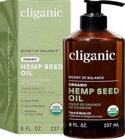 Cliganic Bio Hanföl für Haut, Gesicht & Haare – 100% reines, kaltgepresstes, natürliches, unraffiniertes Hanföl – 240 ml