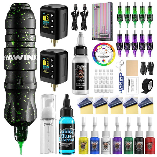 HAWINK Tattoo Gun Set mit Akku, LCD-Display, 3,7V Lithium-Ionen-Akku 1600mAh, 2 Tattoo-Akkus, 7 Tattoo-Farben, Schablonen-Transfer-Creme – HW-TKP306KITA-10