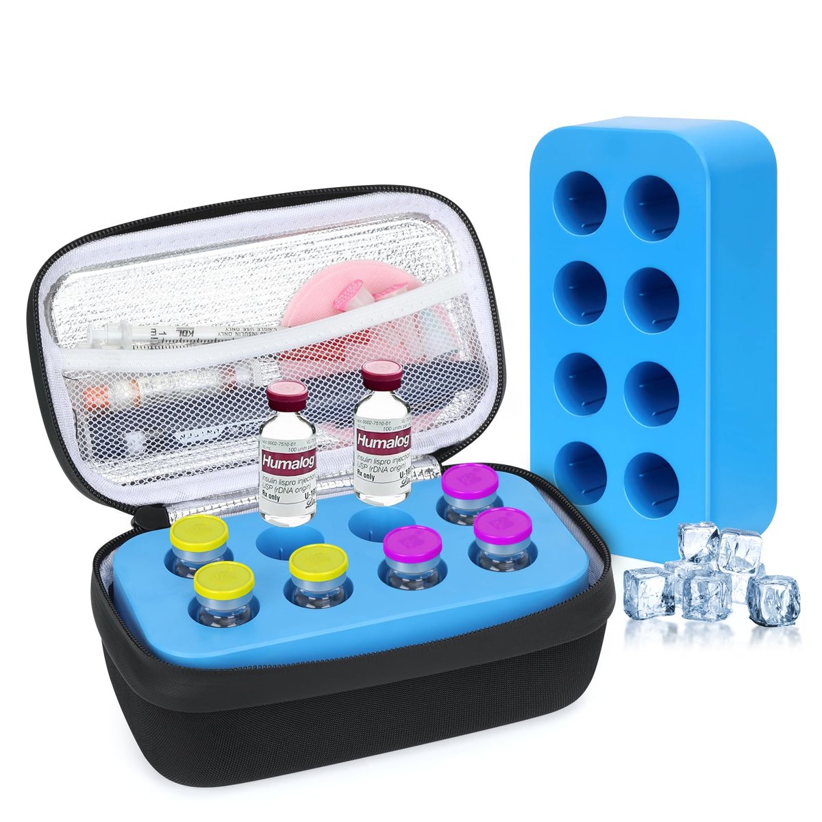YOUSHARES Insulin-Vial-Kühltasche für Reisen - 8 Fächer, gefrierbarer Eisblock-Organizer für Peptid-Vials, GLP-1 Kühlschrankhalter für 10ml U-100 Vials