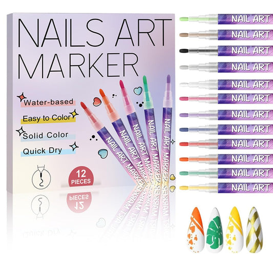 12 Farben Nagelkunst-Stifte Set, Nagelkunst-Marker Polierstift für 3D, Zeichnen Malen Liner Pinsel für DIY Schönheit Verzieren Maniküre Werkzeuge