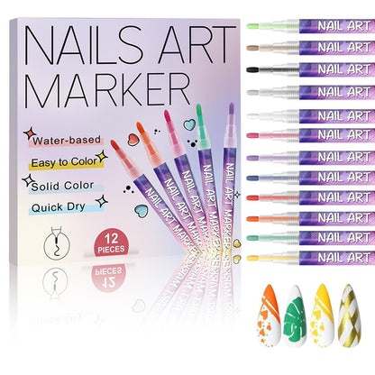 12 Farben Nagelkunst-Stifte Set, Nagelkunst-Marker Polierstift für 3D, Zeichnen Malen Liner Pinsel für DIY Schönheit Verzieren Maniküre Werkzeuge