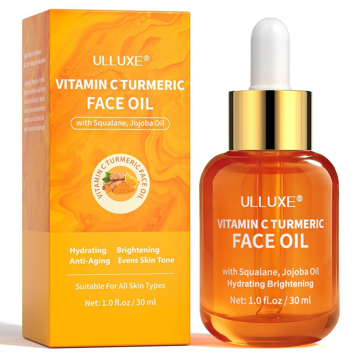 Vitamin C Kurkuma Gesichtsöl – Aufhellendes & Feuchtigkeitsspendendes Gesichtsöl, Nährend & Anti-Aging mit Jojobaöl & Squalan gegen dunkle Flecken, trockene Haut, Falten & ungleichmäßigen Hautton, für alle Hauttypen, 30 ml