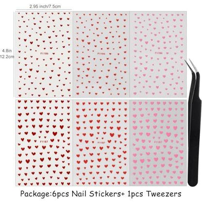 6 Valentine's Day Nagelaufkleber, Mini Rot Pink Love Herz Romantisch Glitzer Pfirsich Herz Hochzeit Nageldesigns Nagel-Dekorationen mit Pinzette