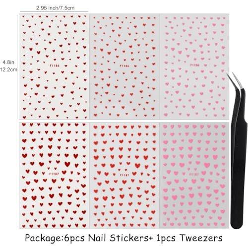 6 Valentine's Day Nagelaufkleber, Mini Rot Pink Love Herz Romantisch Glitzer Pfirsich Herz Hochzeit Nageldesigns Nagel-Dekorationen mit Pinzette