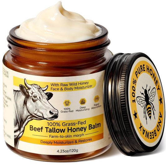 Beef Tallow für Haut & Gesicht – Geschlagener Talg- und Honigbalsam, 100% grasgefütterte Gesichtsfeuchtigkeitscreme mit Rohhonig, natürliche Körperlotion für Damen & Herren, unparfümiert, 120 ml