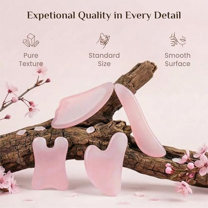 Rena Chris Guasha Massage Set – 4-teiliges Gua Sha Gesichtswerkzeug aus rosa Stein für SPA, Akupunktur und Triggerpunktbehandlung