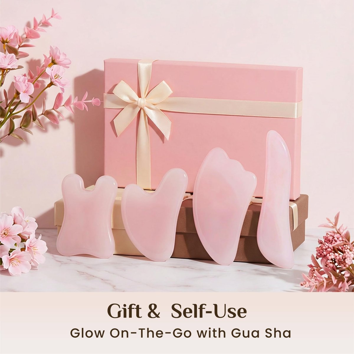 Rena Chris Guasha Massage Set – 4-teiliges Gua Sha Gesichtswerkzeug aus rosa Stein für SPA, Akupunktur und Triggerpunktbehandlung
