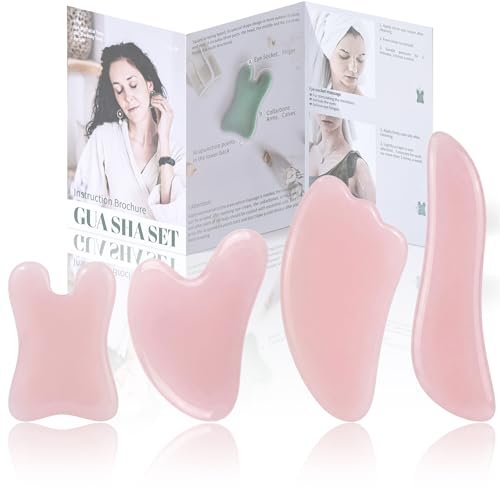 Rena Chris Guasha Massage Set – 4-teiliges Gua Sha Gesichtswerkzeug aus rosa Stein für SPA, Akupunktur und Triggerpunktbehandlung