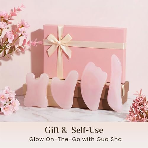Rena Chris Guasha Massage Set – 4-teiliges Gua Sha Gesichtswerkzeug aus rosa Stein für SPA, Akupunktur und Triggerpunktbehandlung