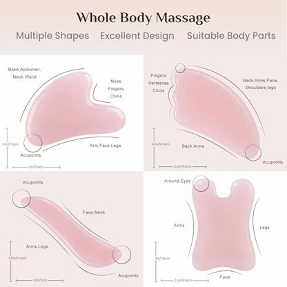 Rena Chris Guasha Massage Set – 4-teiliges Gua Sha Gesichtswerkzeug aus rosa Stein für SPA, Akupunktur und Triggerpunktbehandlung