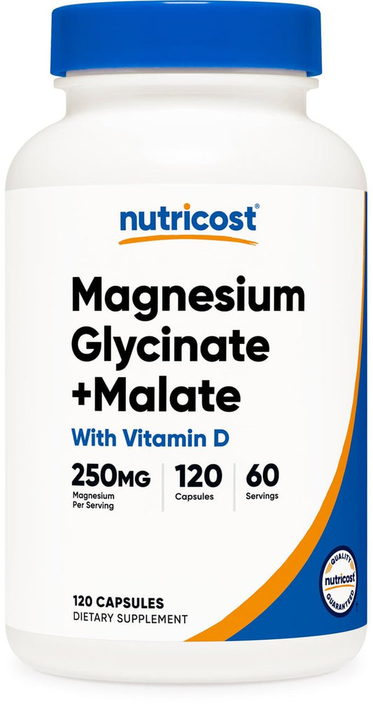 Nutricost Magnesium Glycinat + Malat (250 mg) 120 Kapseln – Hoch absorbierbar, mit Vitamin D, vegan, glutenfrei, GVO-frei, 60 Portionen