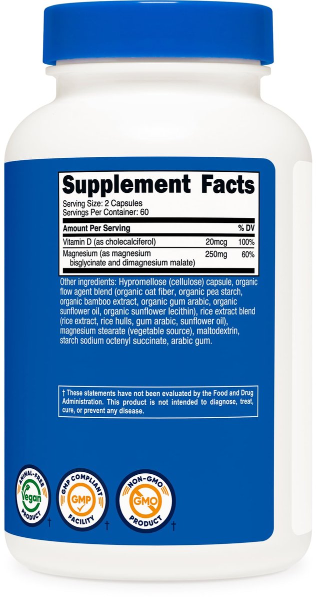 Nutricost Magnesium Glycinat + Malat (250 mg) 120 Kapseln – Hoch absorbierbar, mit Vitamin D, vegan, glutenfrei, GVO-frei, 60 Portionen