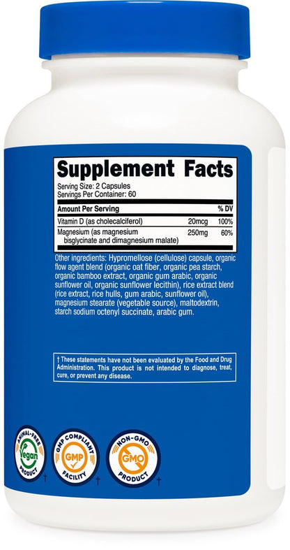 Nutricost Magnesium Glycinat + Malat (250 mg) 120 Kapseln – Hoch absorbierbar, mit Vitamin D, vegan, glutenfrei, GVO-frei, 60 Portionen