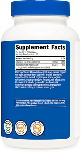 Nutricost Magnesium Glycinat + Malat (250 mg) 120 Kapseln – Hoch absorbierbar, mit Vitamin D, vegan, glutenfrei, GVO-frei, 60 Portionen