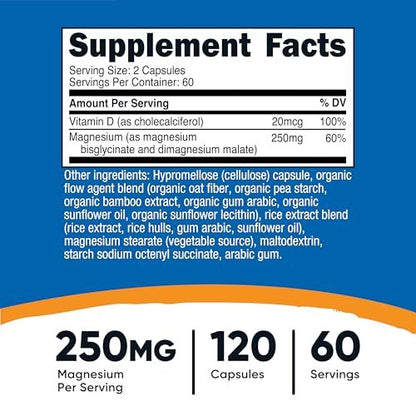 Nutricost Magnesium Glycinat + Malat (250 mg) 120 Kapseln – Hoch absorbierbar, mit Vitamin D, vegan, glutenfrei, GVO-frei, 60 Portionen