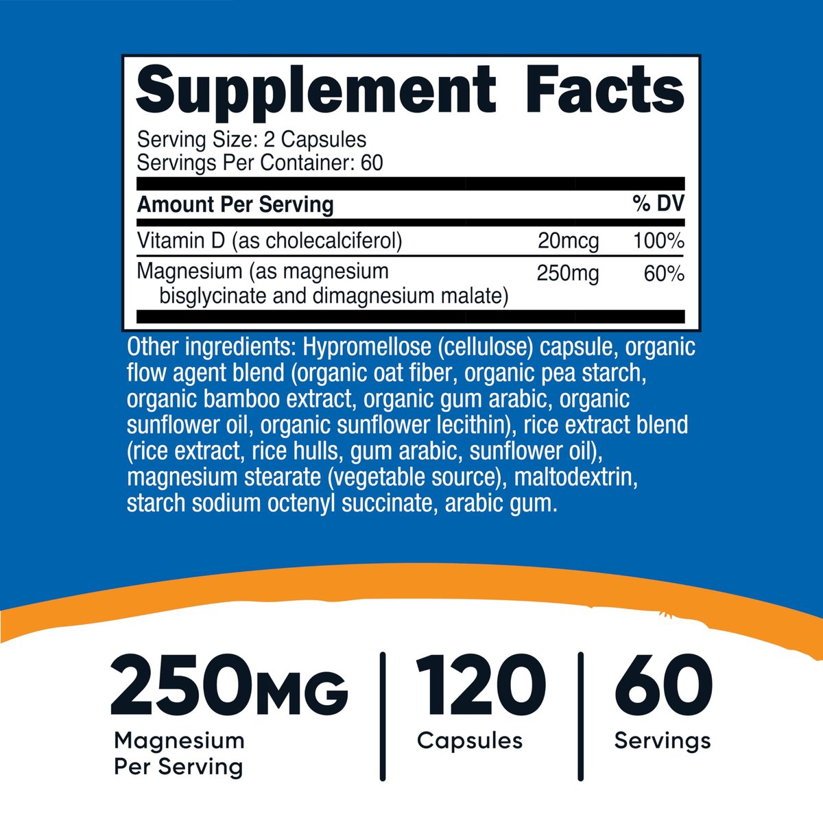 Nutricost Magnesium Glycinat + Malat (250 mg) 120 Kapseln – Hoch absorbierbar, mit Vitamin D, vegan, glutenfrei, GVO-frei, 60 Portionen