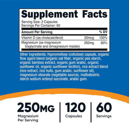 Nutricost Magnesium Glycinat + Malat (250 mg) 120 Kapseln – Hoch absorbierbar, mit Vitamin D, vegan, glutenfrei, GVO-frei, 60 Portionen