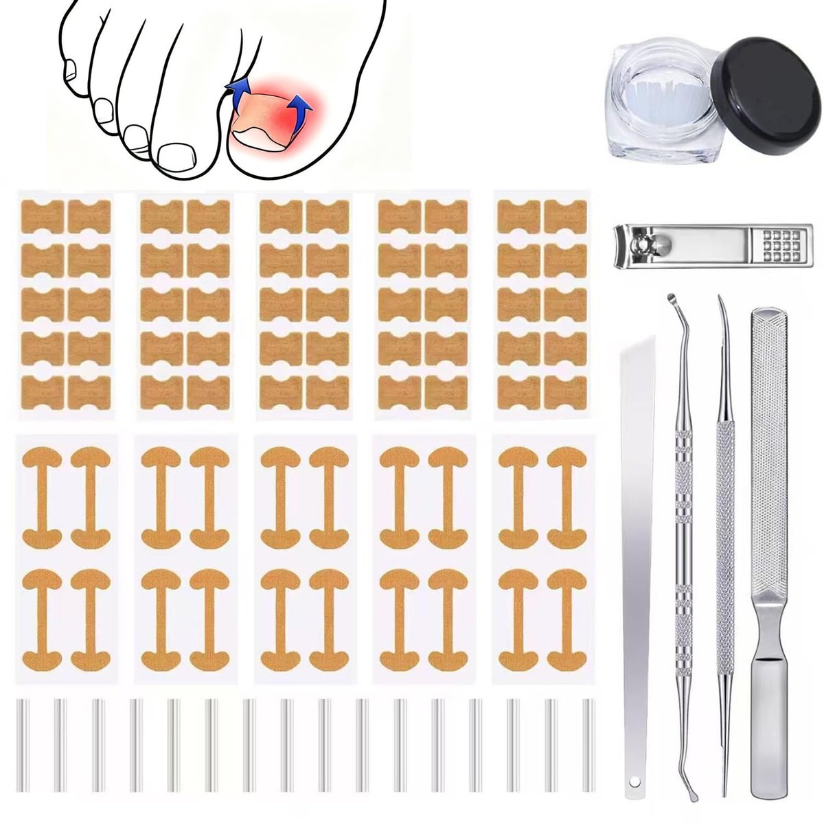 GEMSANVA Eingewachsener Zehennagel Korrektur-Set mit Korrekturstreifen, Professionelles Werkzeug-Set für eingewachsene Zehennägel, Kurven-Korrekturpflaster für die häusliche Pediküre-Pflege