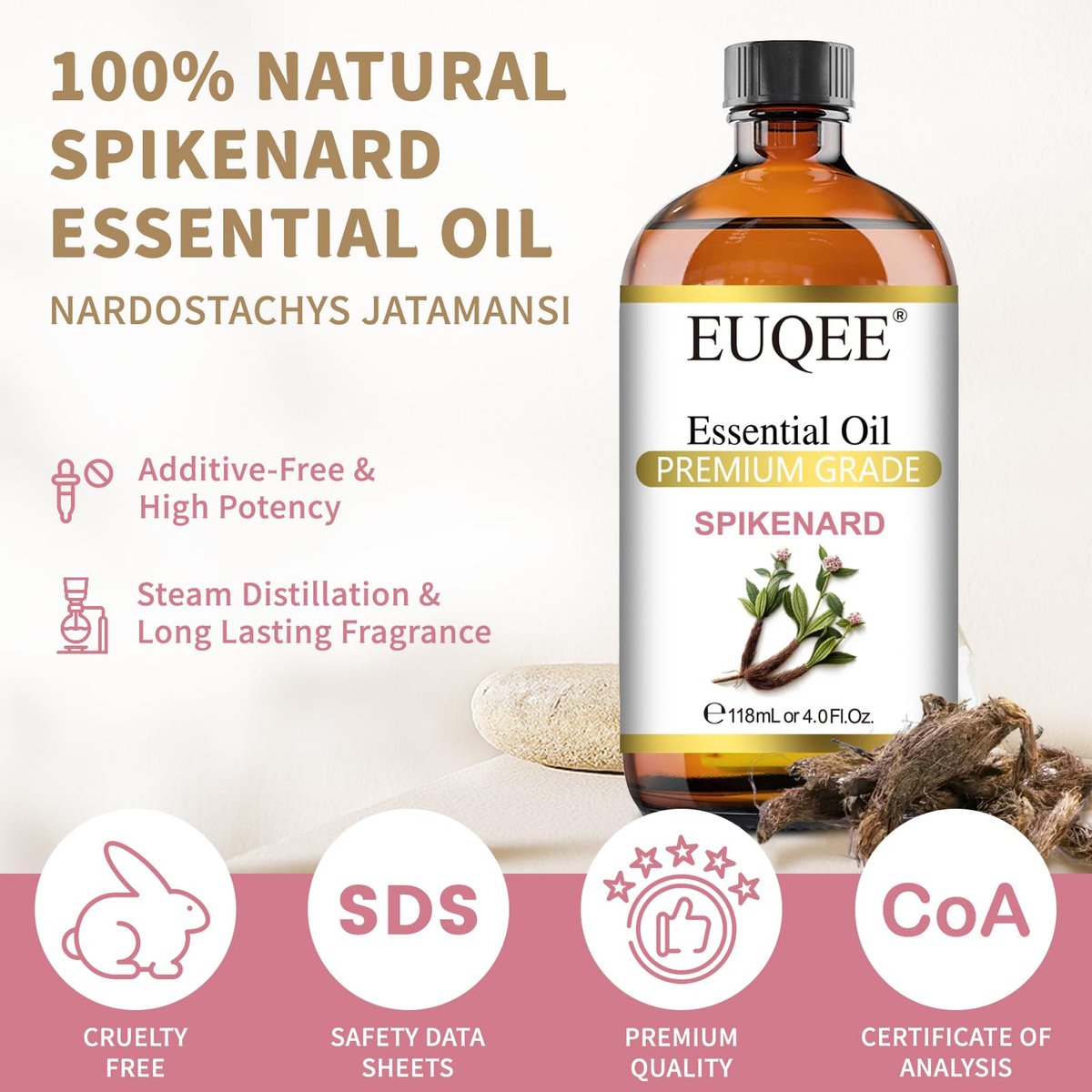 EUQEE Nardenöl 118ml/4 Fl Oz Reines Nardenöl Premium Ätherisches Öl mit Glaspipette Ideal für Yoga, Meditation, Massage, Diffuser, DIY Seife, Kerzenherstellung, Aromatherapie, Schlaf