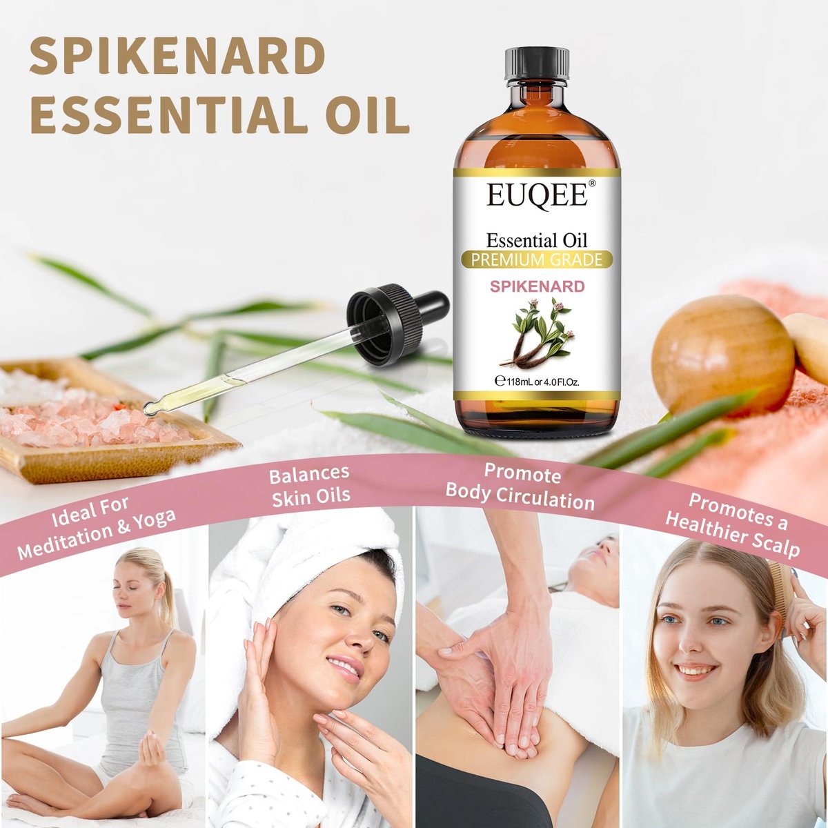 EUQEE Nardenöl 118ml/4 Fl Oz Reines Nardenöl Premium Ätherisches Öl mit Glaspipette Ideal für Yoga, Meditation, Massage, Diffuser, DIY Seife, Kerzenherstellung, Aromatherapie, Schlaf