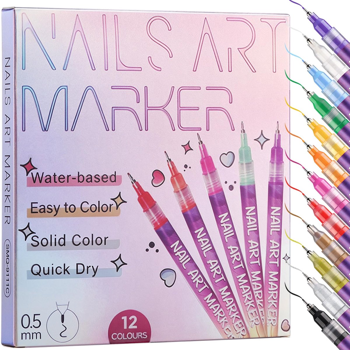 KINGMAS 12-teiliges Nagelkunst-Stiftset, 0,5 mm Nagellack-Marker-Set, Zeichen- und Malstifte, wasserfest und schnell trocknend für DIY Nageldesign-Maniküre-Werkzeuge