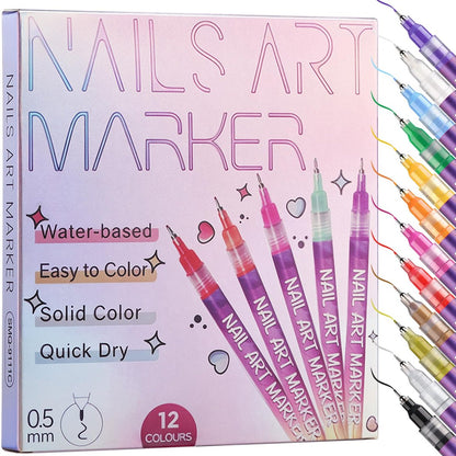 KINGMAS 12-teiliges Nagelkunst-Stiftset, 0,5 mm Nagellack-Marker-Set, Zeichen- und Malstifte, wasserfest und schnell trocknend für DIY Nageldesign-Maniküre-Werkzeuge