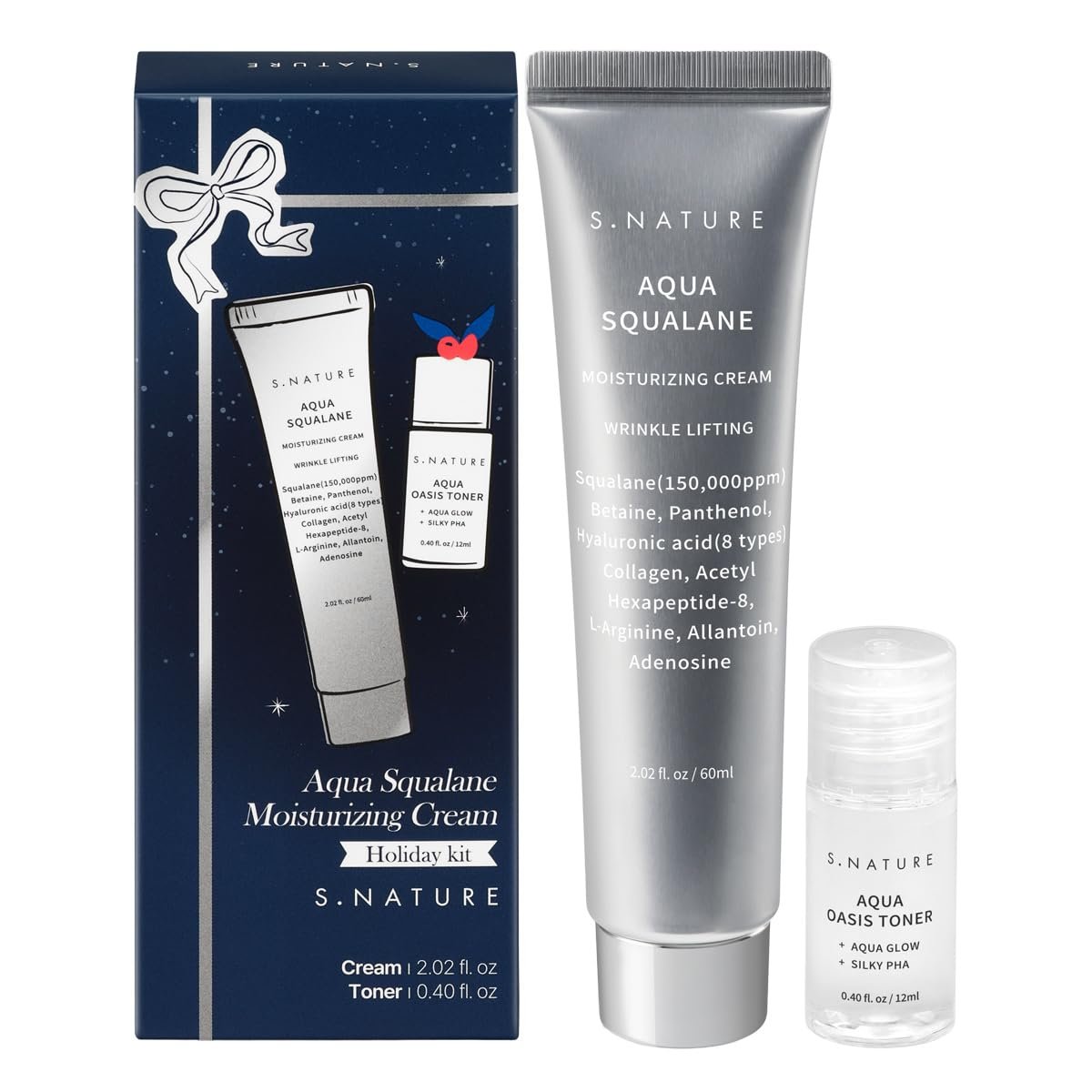 S.NATURE Limited Holiday Gift Set für Feuchtigkeit & Glass Skin | Aqua Squalane Cream 60ml + Aqua Oasis Toner 12ml | Koreanisches Hautpflege-Set | Geschenkideen