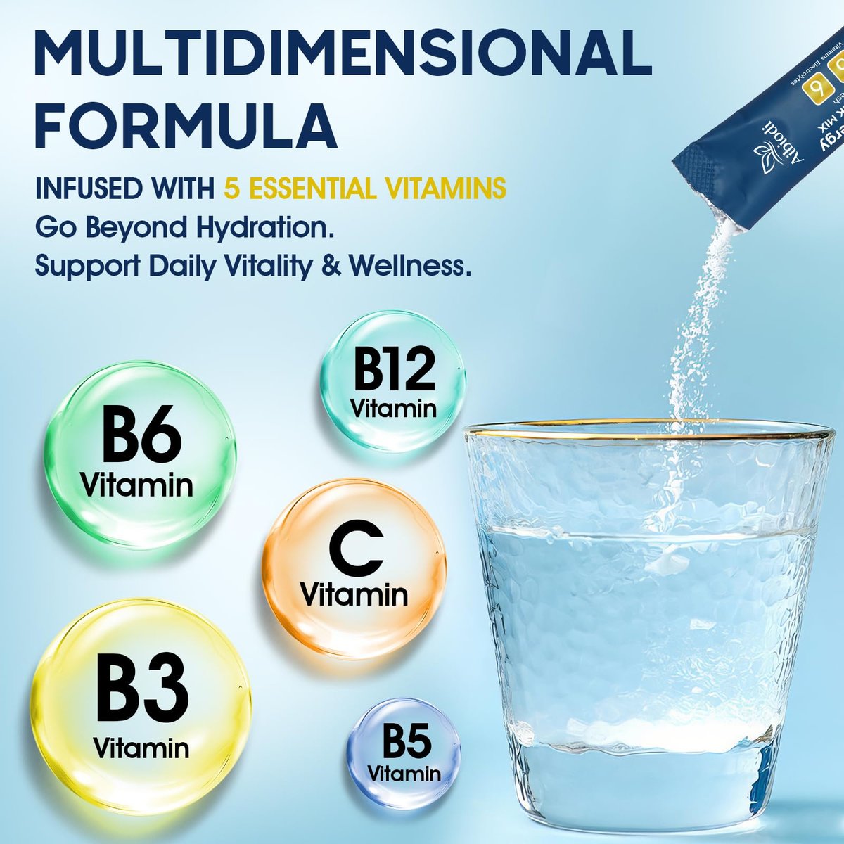 Aibiodi Elektrolyt-Pulver-Päckchen - Zuckerfrei & Kalorienfrei - Flüssiger Daily IV Drink Mix - Sofortige Hydration & Energie mit 6 Elektrolyten und 5 Vitaminen - Keto-freundlich & Vegan - 12 Sticks