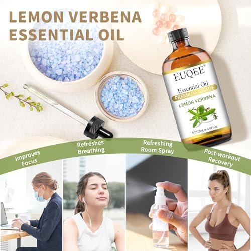 EUQEE Zitronenverbene Ätherisches Öl 118ml – Reines & Natürliches Zitrusduftöl für Diffuser, Hautpflege, Morgenrituale & Aromatherapie, Große Flasche mit Pipette