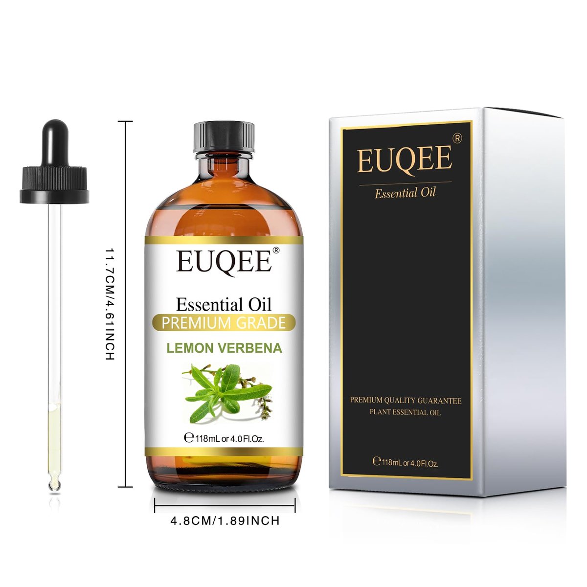EUQEE Zitronenverbene Ätherisches Öl 118ml – Reines & Natürliches Zitrusduftöl für Diffuser, Hautpflege, Morgenrituale & Aromatherapie, Große Flasche mit Pipette